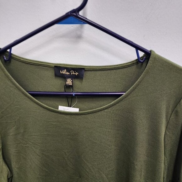 Melissa Peige Womens BOHO Top Large Olive Green Flared Lace Sleeve Casual New - Picture 2 of 7